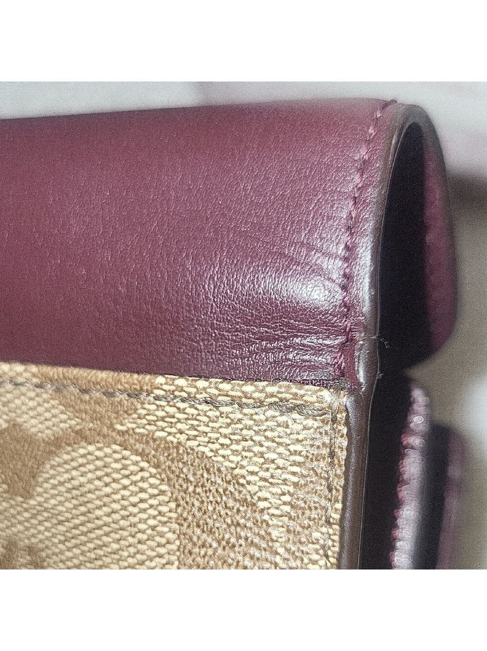 Coach Trifold Wallet in Burgundy, Pink & Brown Signature Canvas - Picture 7 of 13